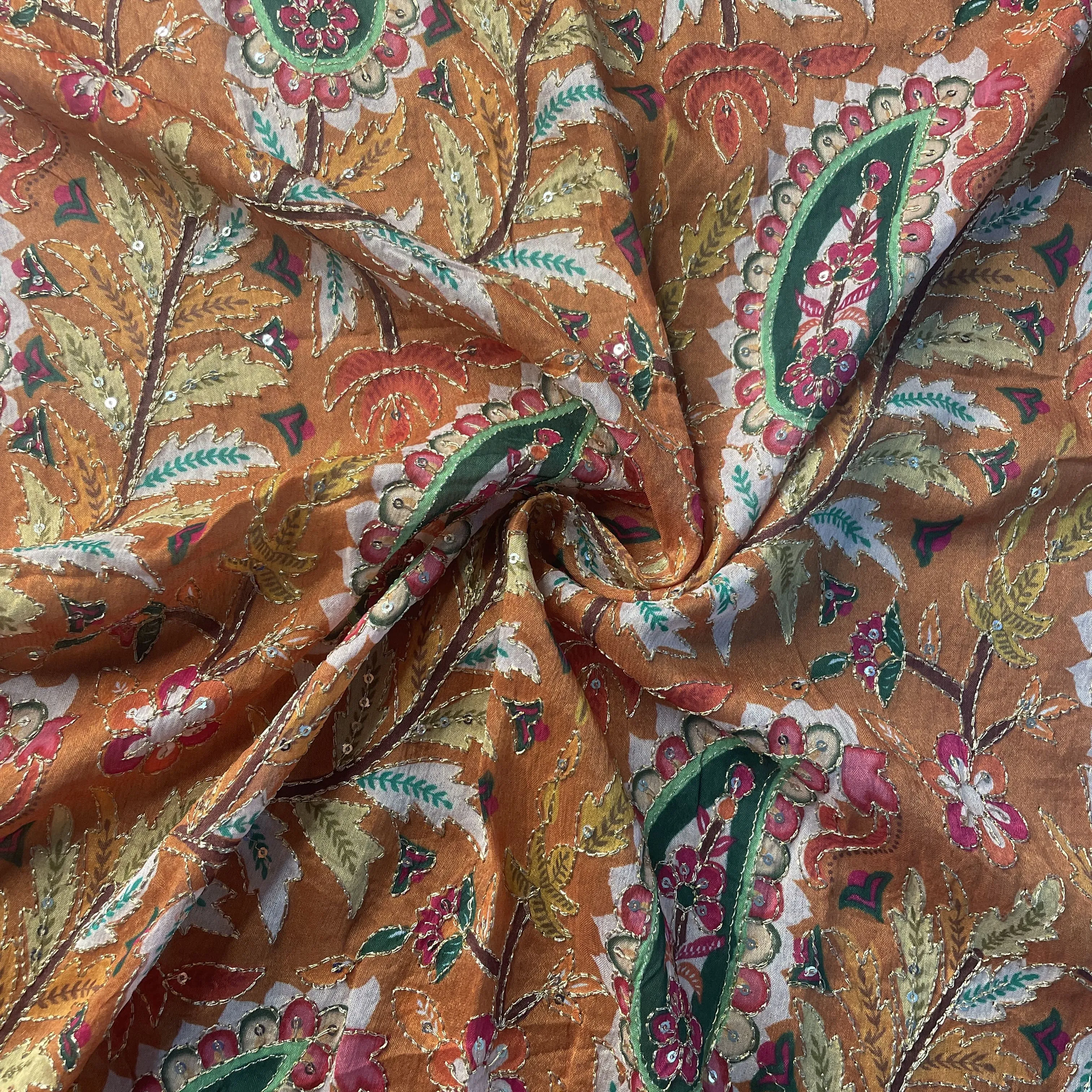 Orange Paisley Embroidery Chiffon Fabric 19761