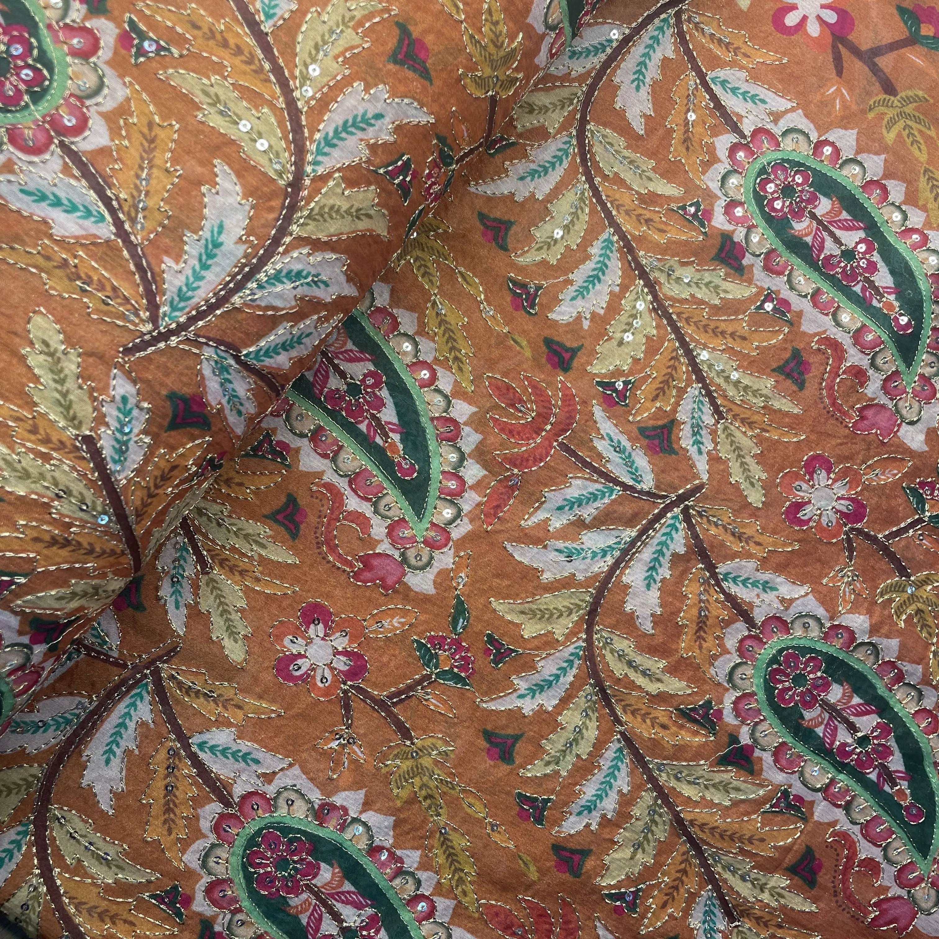 Orange Paisley Embroidery Chiffon Fabric 19761