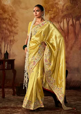 Pastel Yellow Wedding Wear Embroidered Kanjivaram Silk Saree