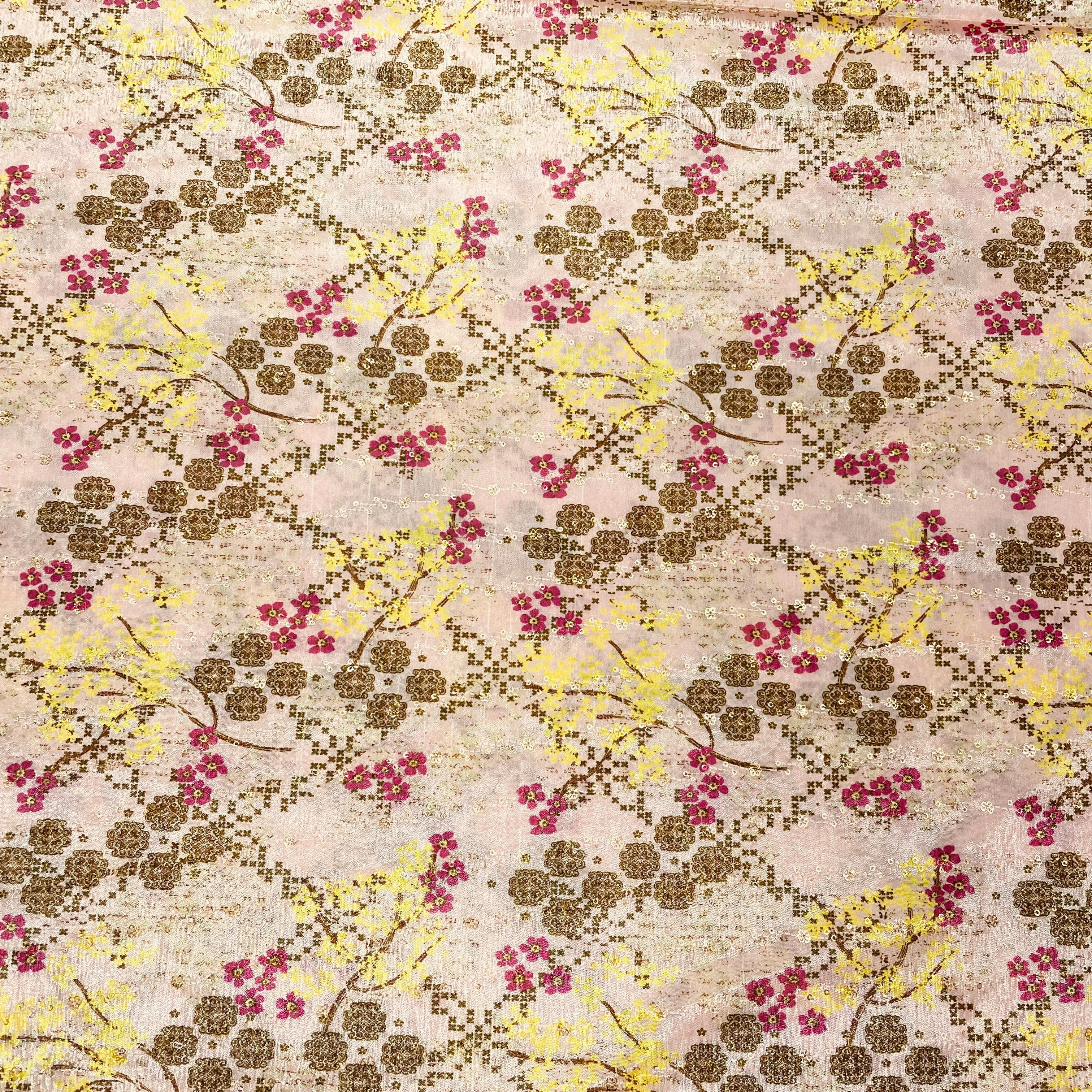 Peach Pink & Multicolor Floral Print Chinon Fabric