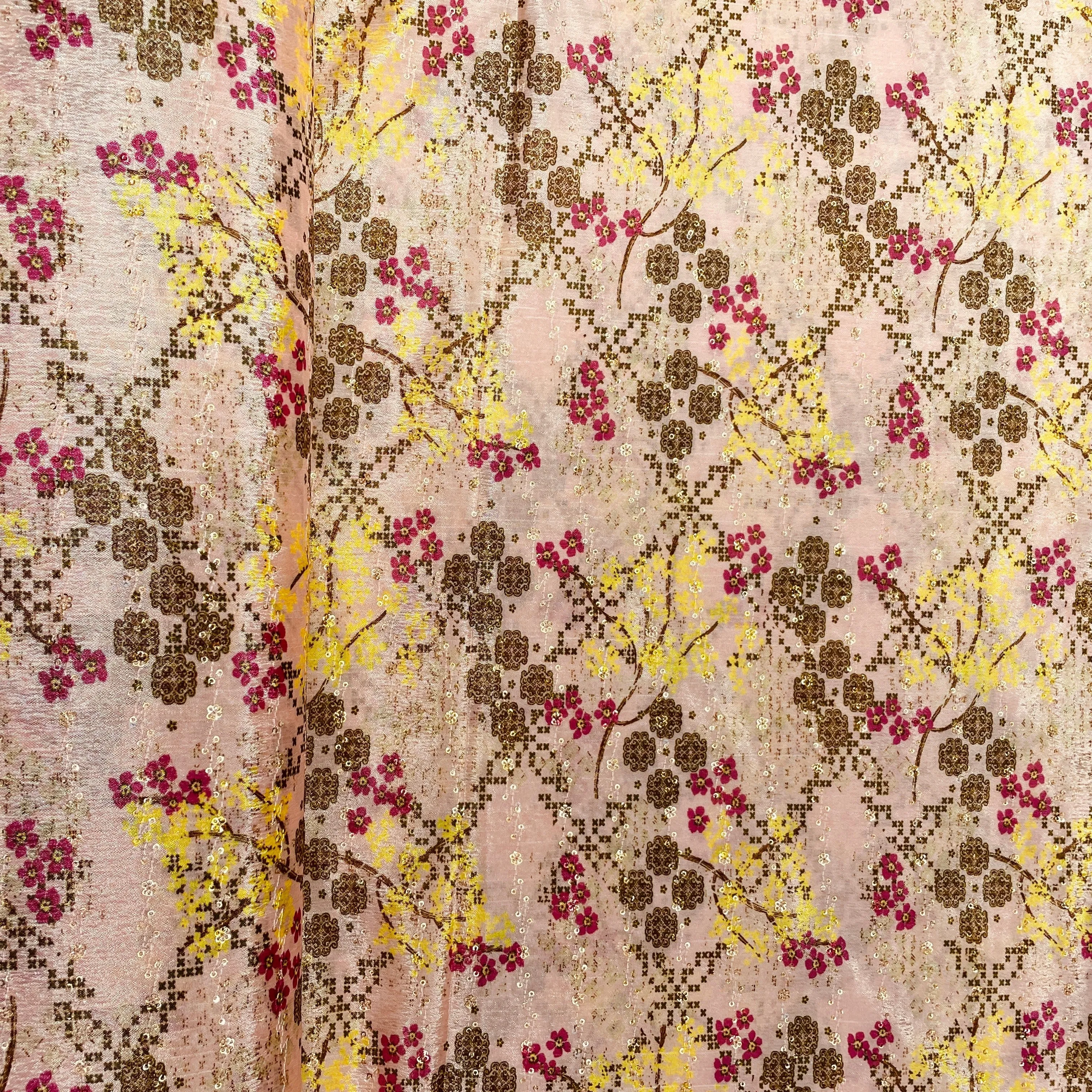 Peach Pink & Multicolor Floral Print Chinon Fabric