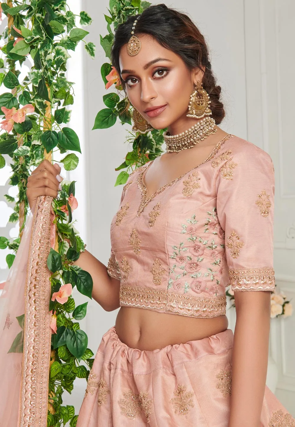 Peachy Pink Sequins Embroidered Silk Bridal Lehenga Choli