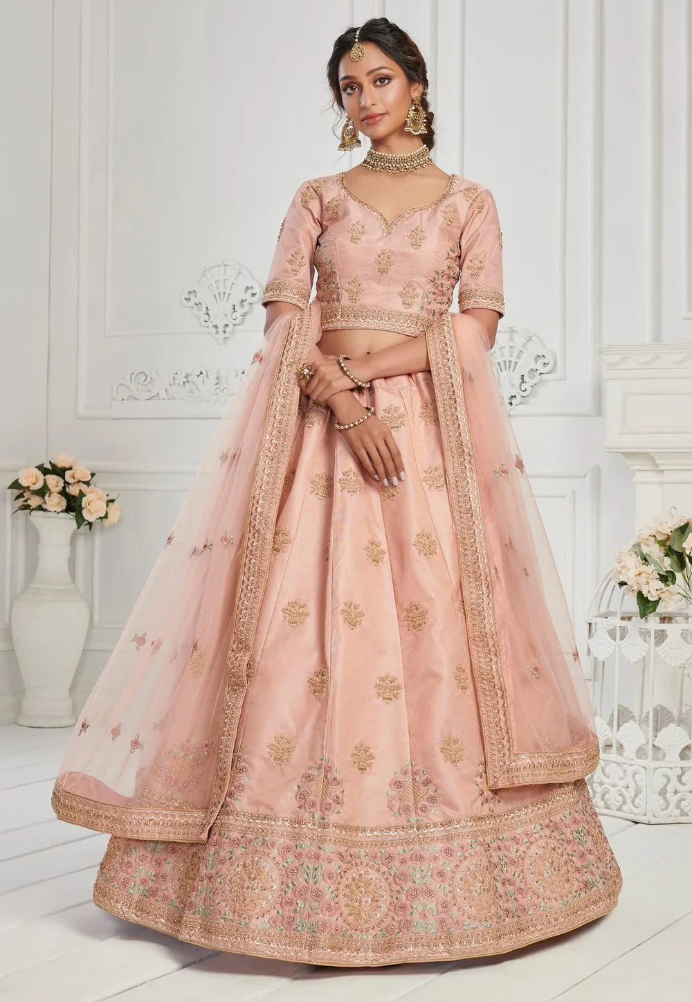 Peachy Pink Sequins Embroidered Silk Bridal Lehenga Choli