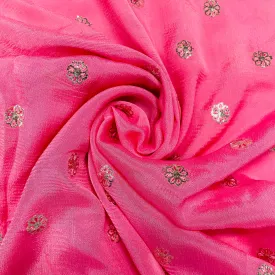 Pink & Silver Floral Sequins Thread Embroidery Chinnon Fabric