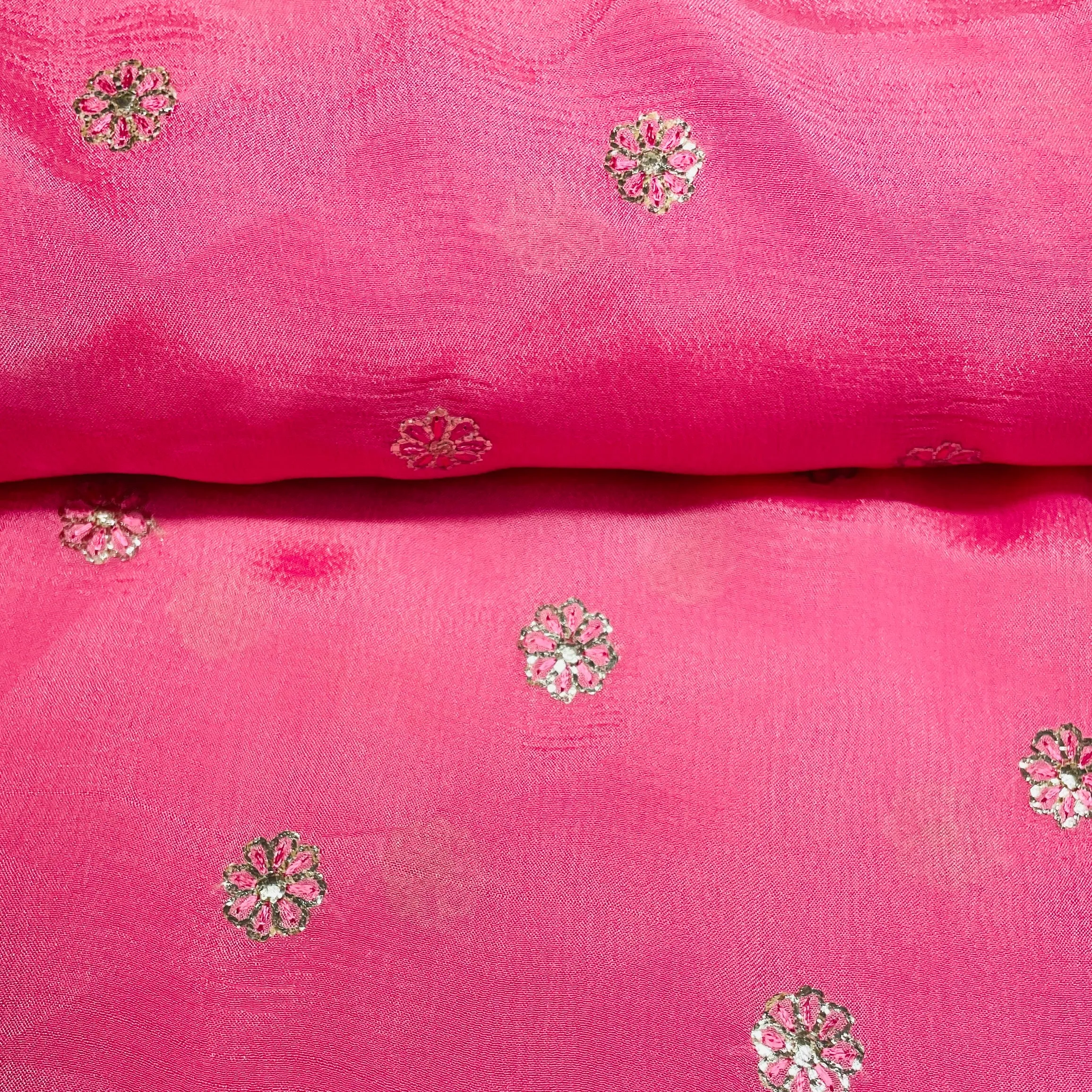 Pink & Silver Floral Sequins Thread Embroidery Chinnon Fabric