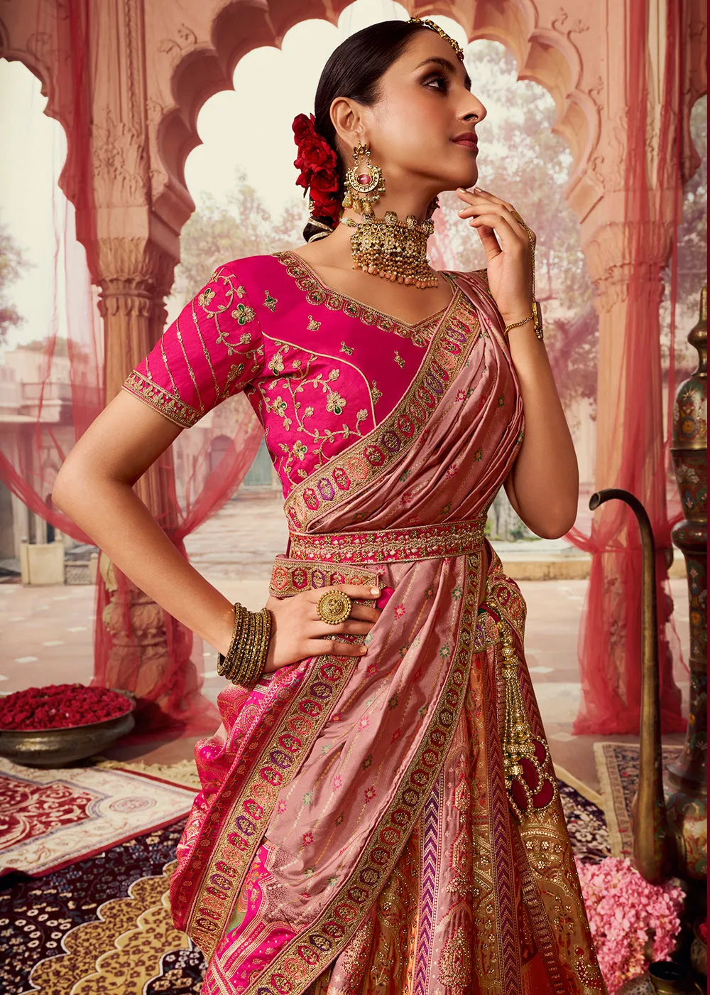 Royal Multicolor Pink & Peach Embroidered Bridal Lehenga Choli