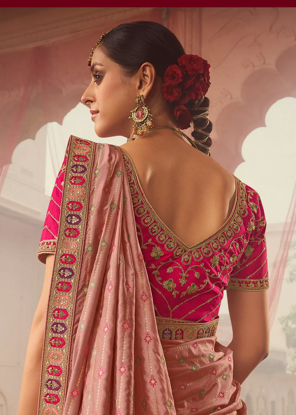 Royal Multicolor Pink & Peach Embroidered Bridal Lehenga Choli