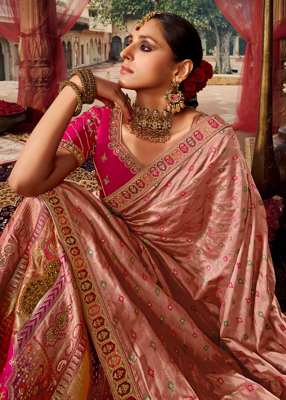 Royal Multicolor Pink & Peach Embroidered Bridal Lehenga Choli