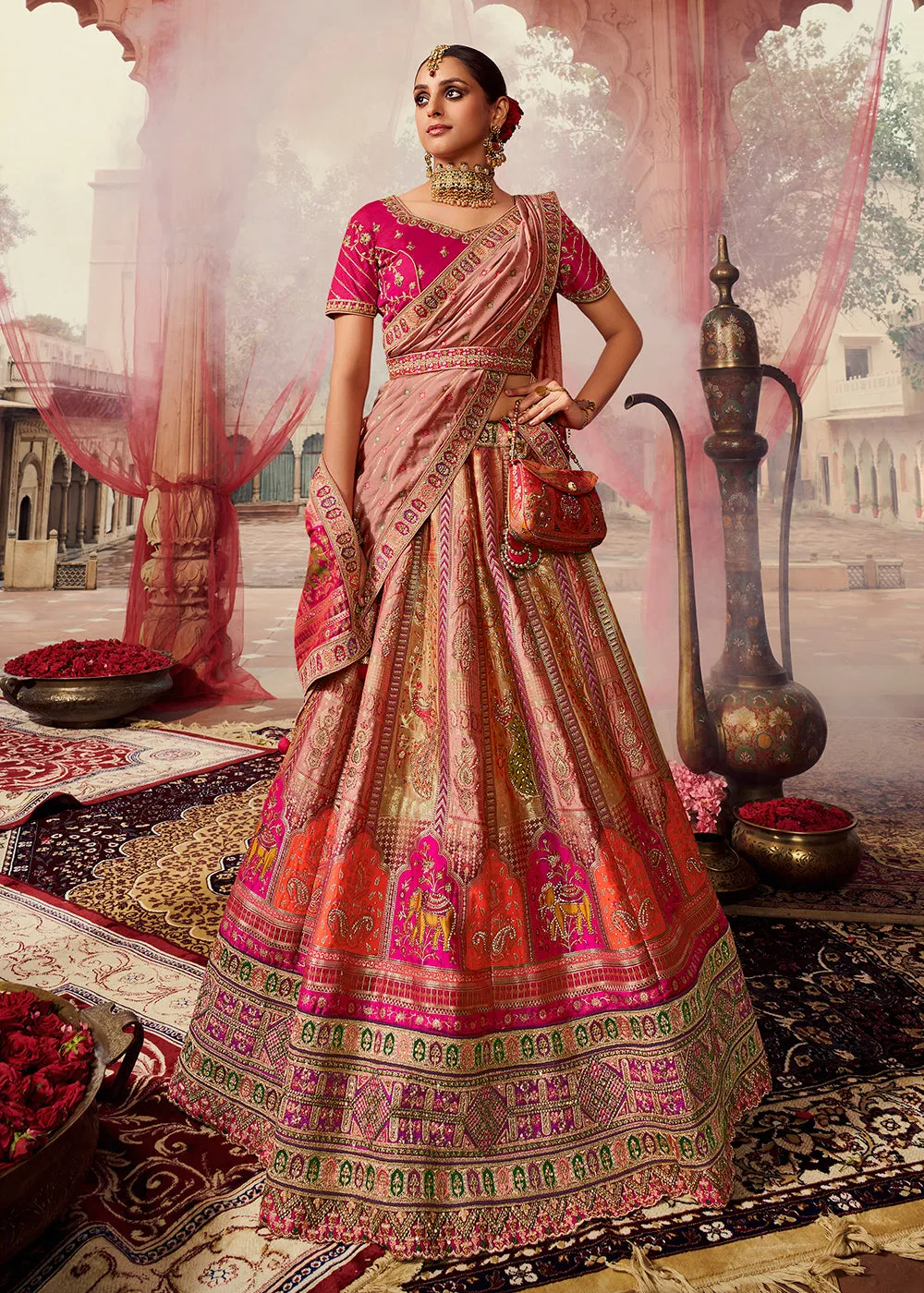 Royal Multicolor Pink & Peach Embroidered Bridal Lehenga Choli