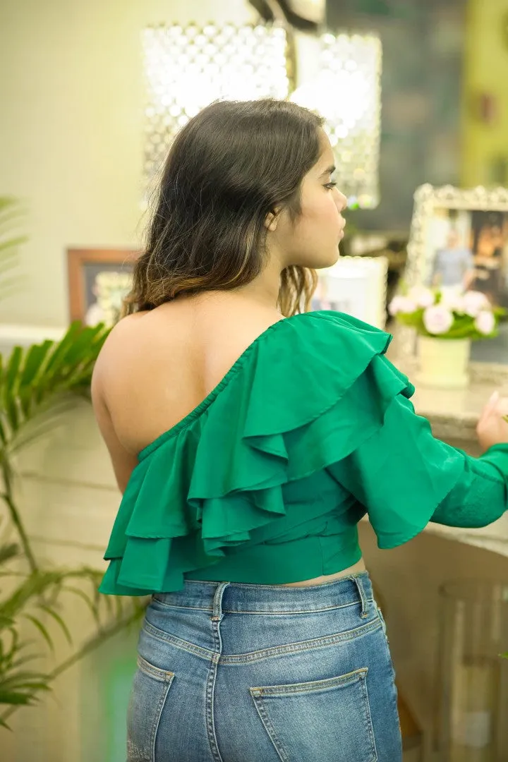 RUFFLE ROMANCE GREEN TOP