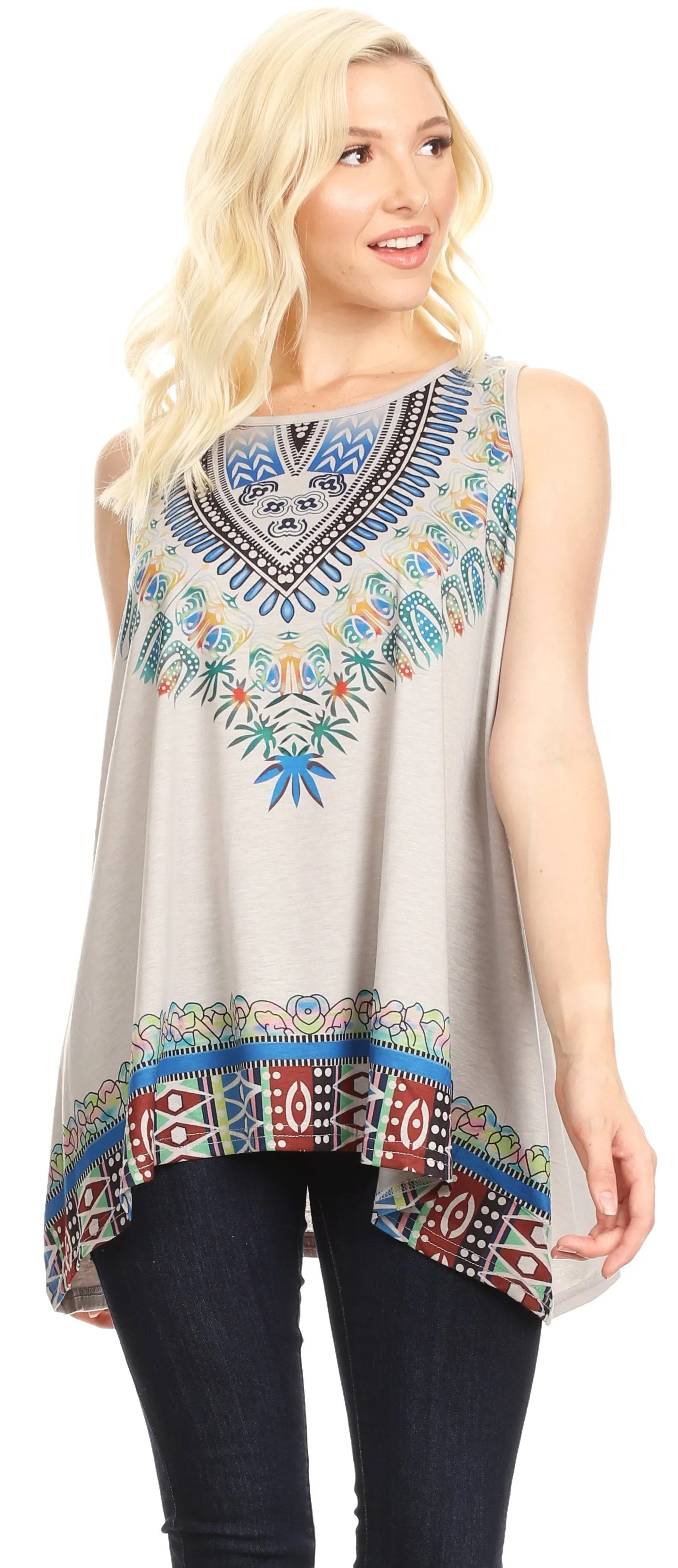 Sakkas Juliana Womens Summer Sleeveless Tank Top Printed Dashiki Jersey Knit