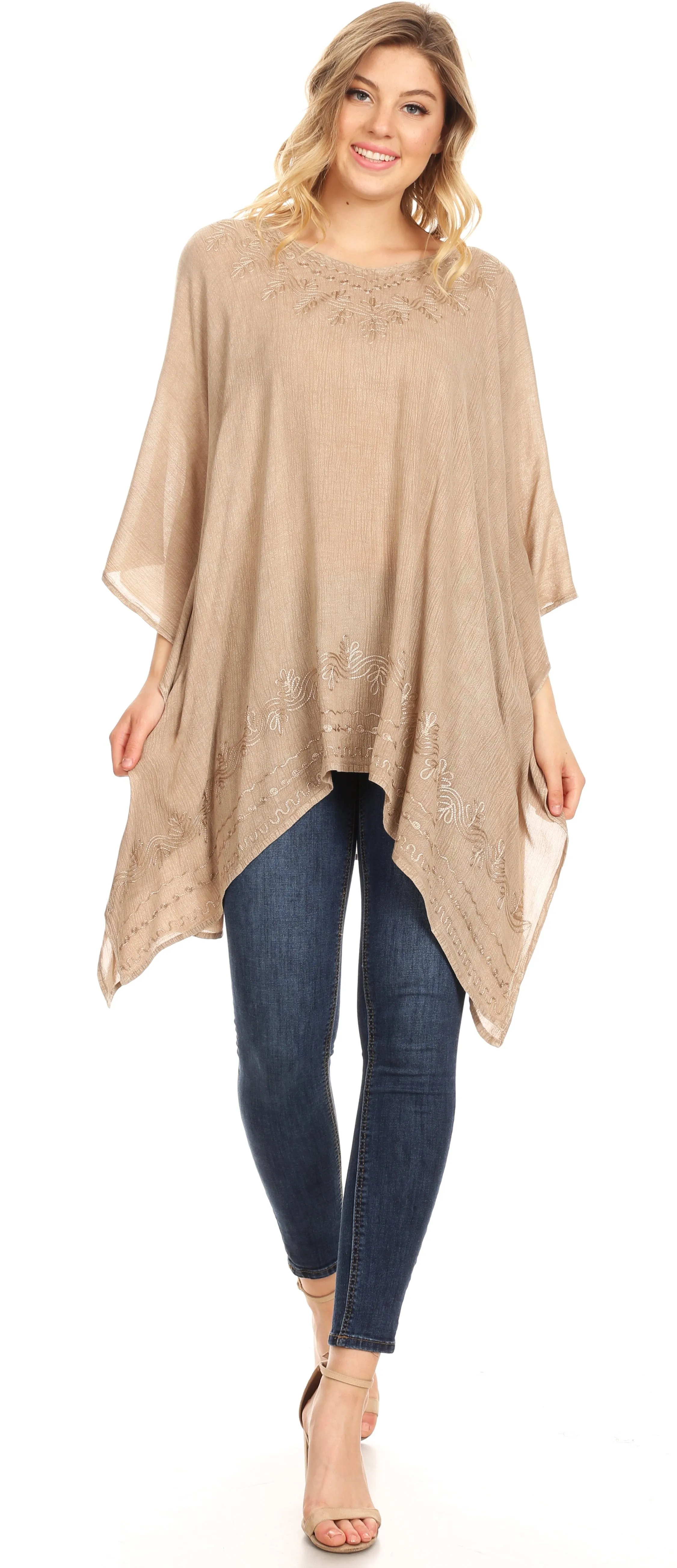 Sakkas Regina Women's Lightweight Stonewashed Poncho Top Blouse Caftan Cover up