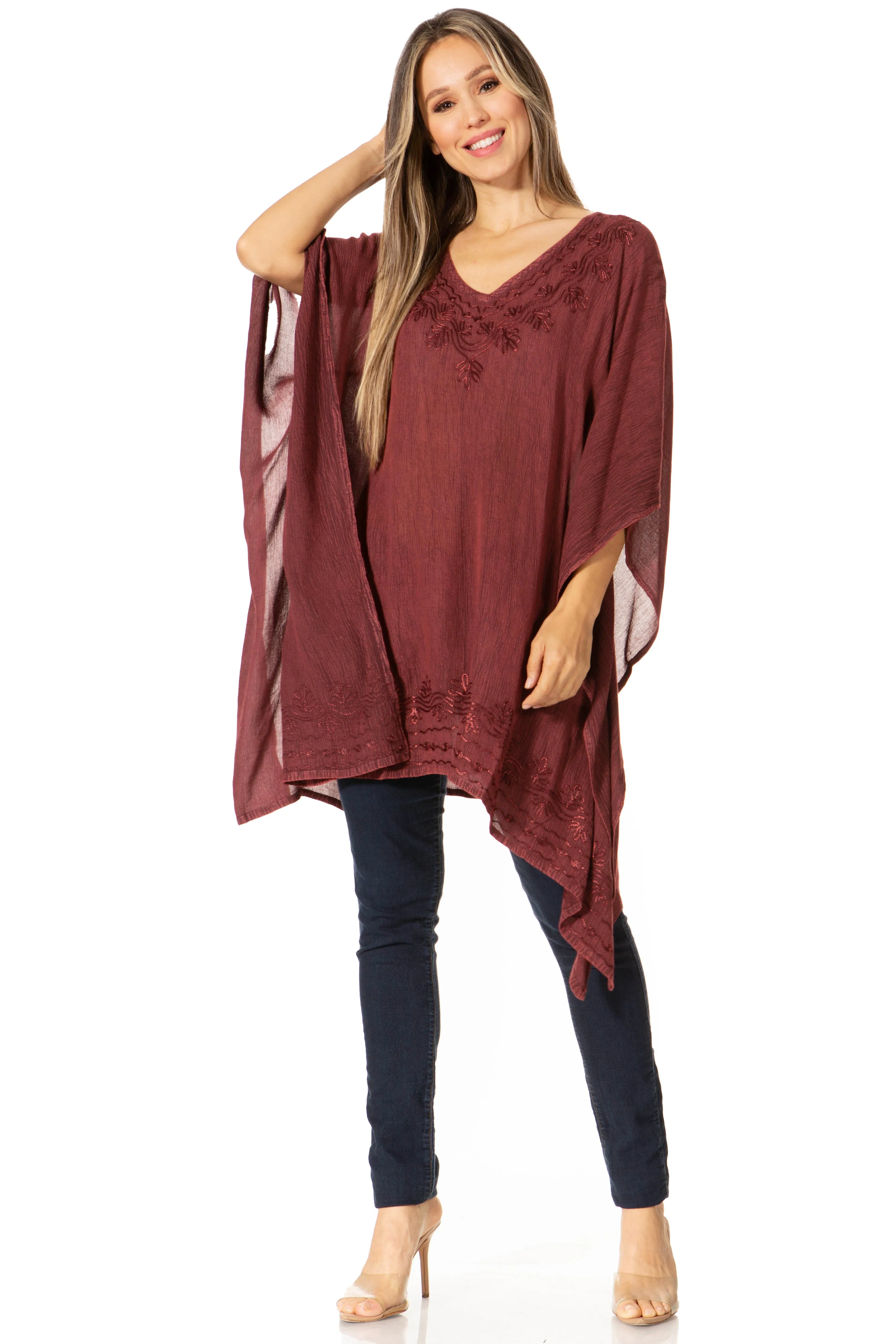 Sakkas Regina Women's Lightweight Stonewashed Poncho Top Blouse Caftan Cover up