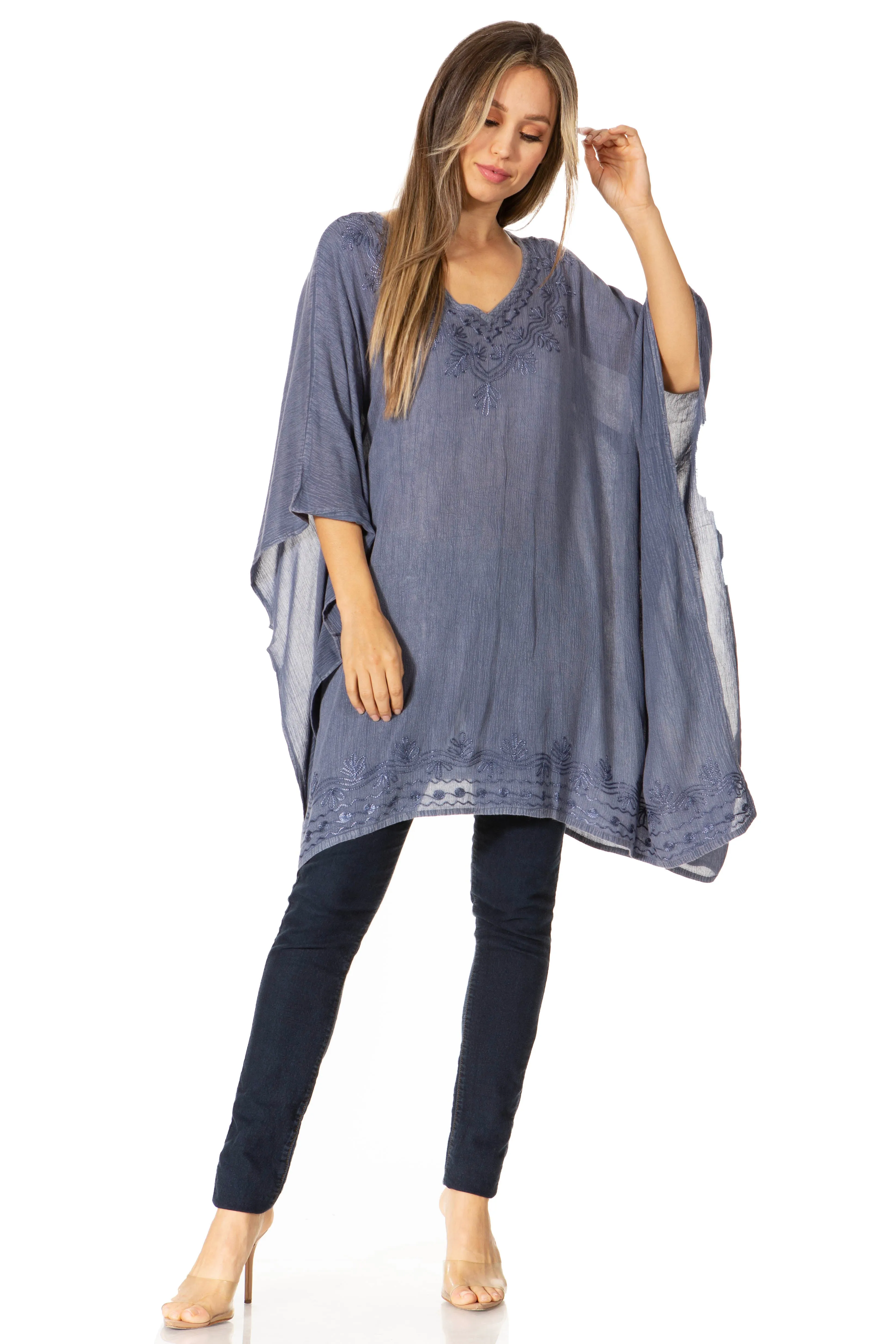 Sakkas Regina Women's Lightweight Stonewashed Poncho Top Blouse Caftan Cover up