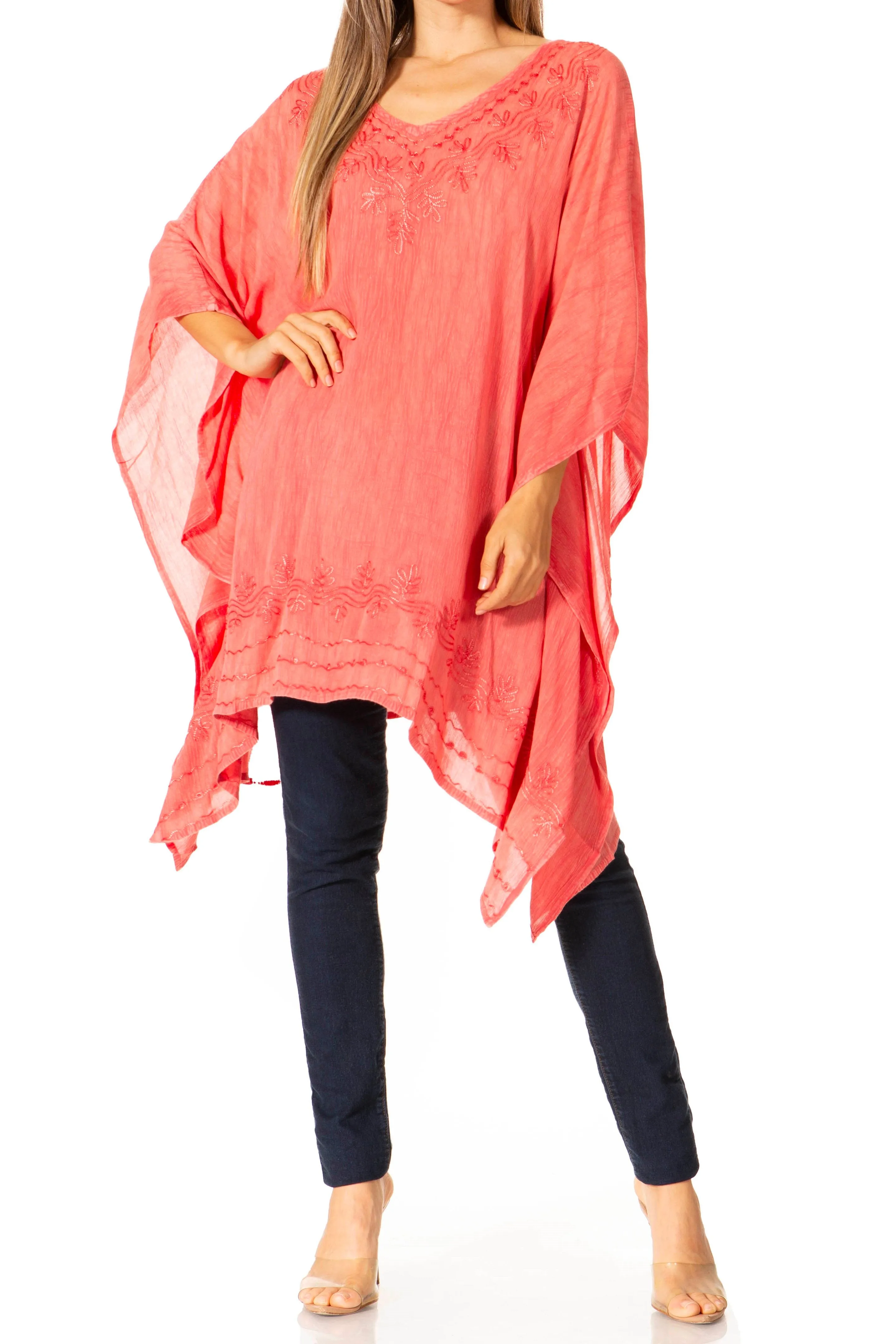 Sakkas Regina Women's Lightweight Stonewashed Poncho Top Blouse Caftan Cover up