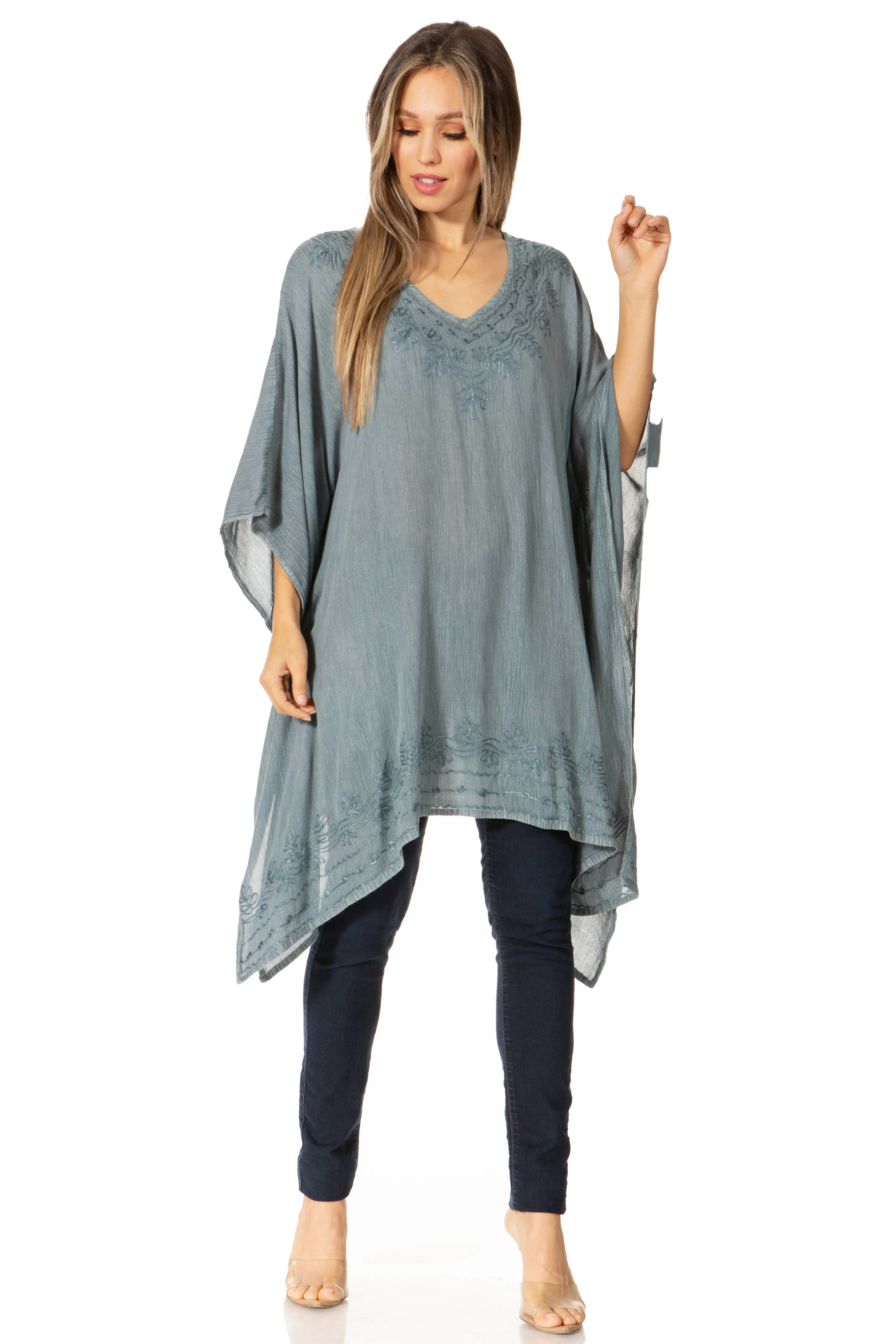 Sakkas Regina Women's Lightweight Stonewashed Poncho Top Blouse Caftan Cover up