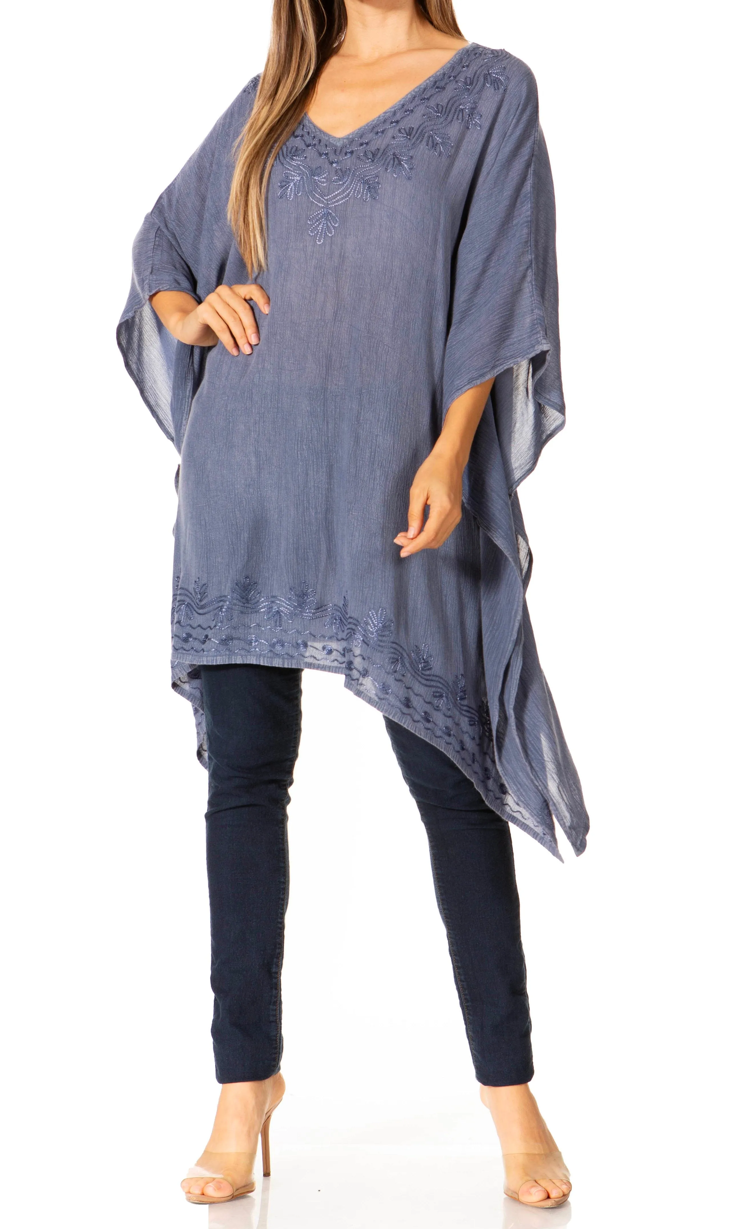 Sakkas Regina Women's Lightweight Stonewashed Poncho Top Blouse Caftan Cover up