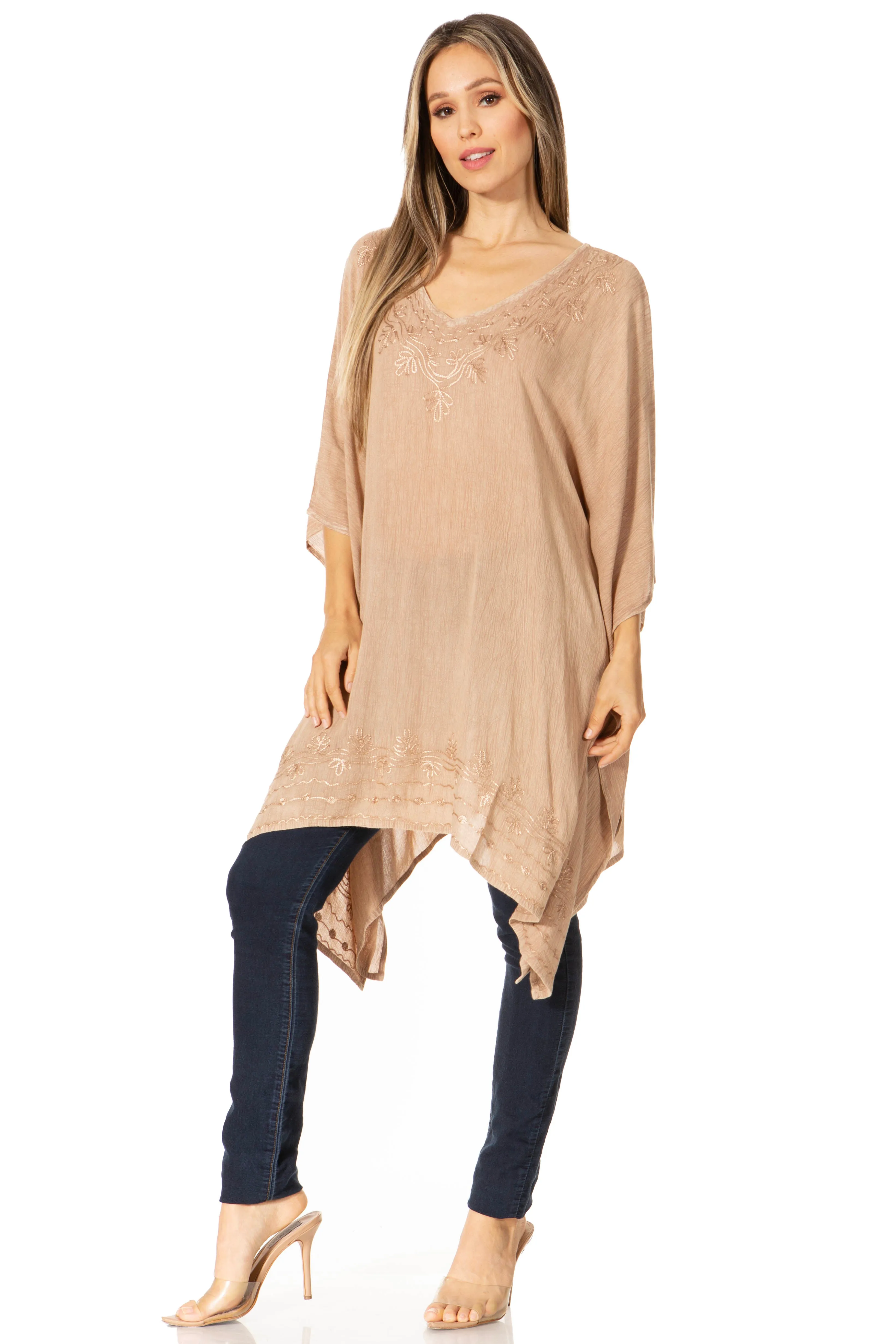 Sakkas Regina Women's Lightweight Stonewashed Poncho Top Blouse Caftan Cover up