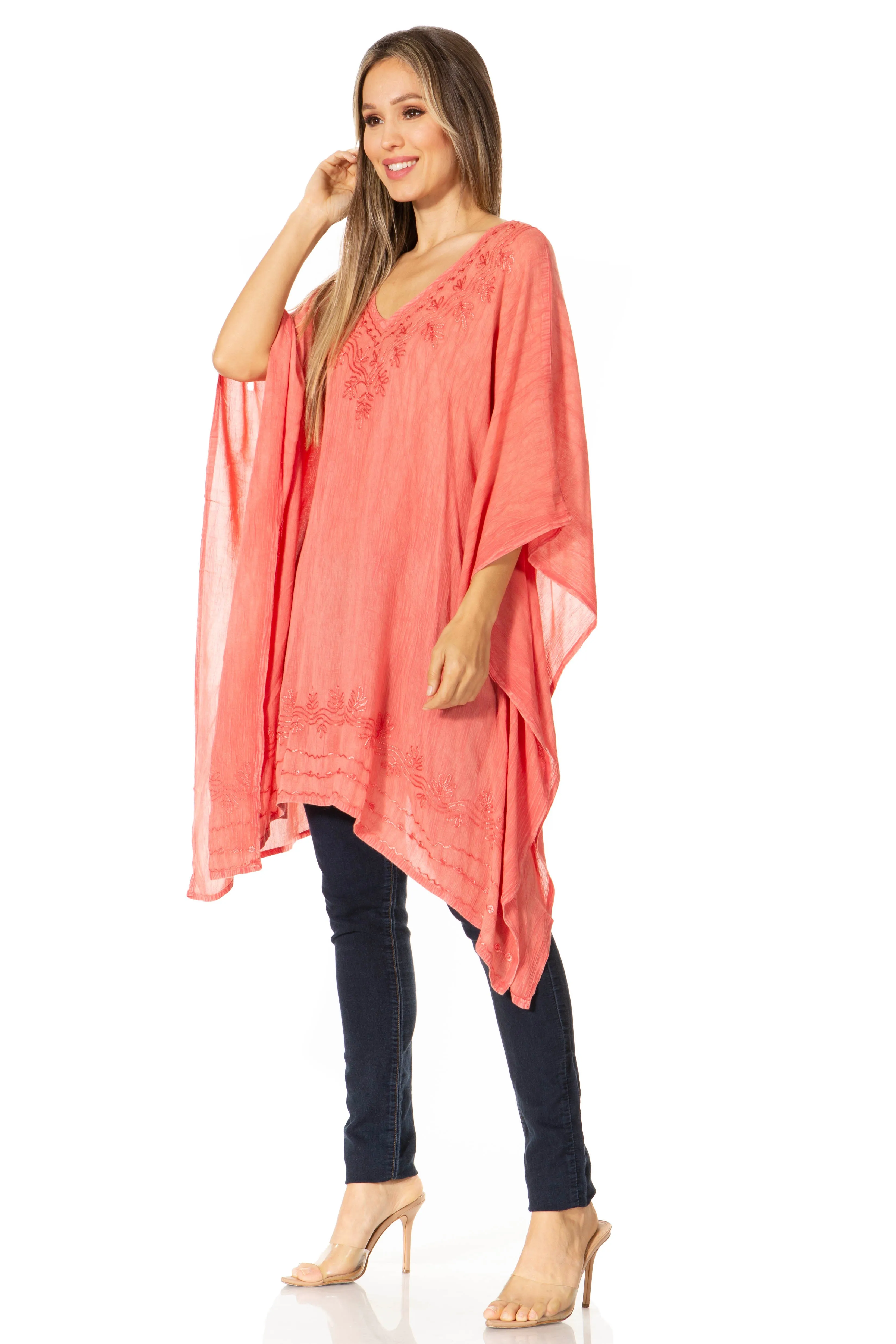 Sakkas Regina Women's Lightweight Stonewashed Poncho Top Blouse Caftan Cover up