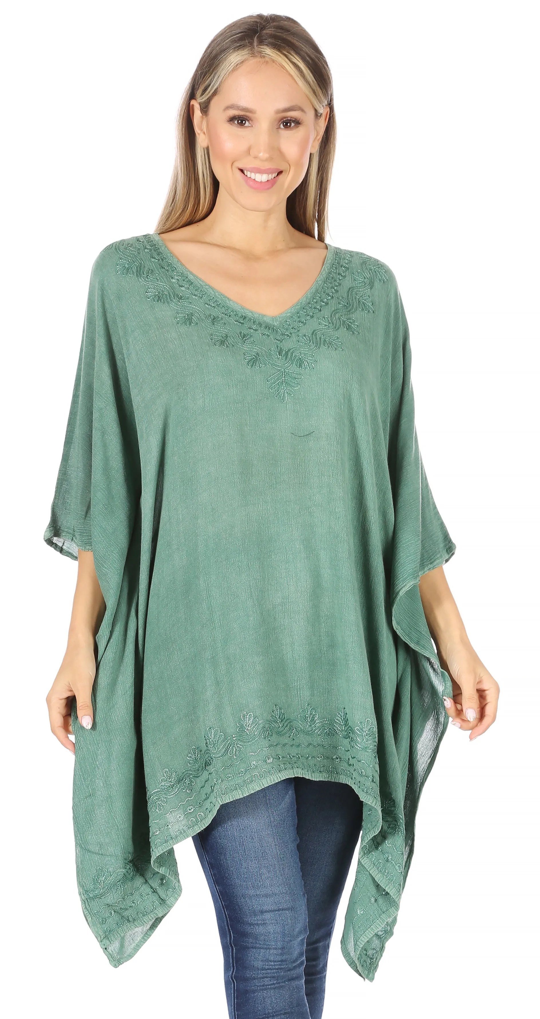 Sakkas Regina Women's Lightweight Stonewashed Poncho Top Blouse Caftan Cover up