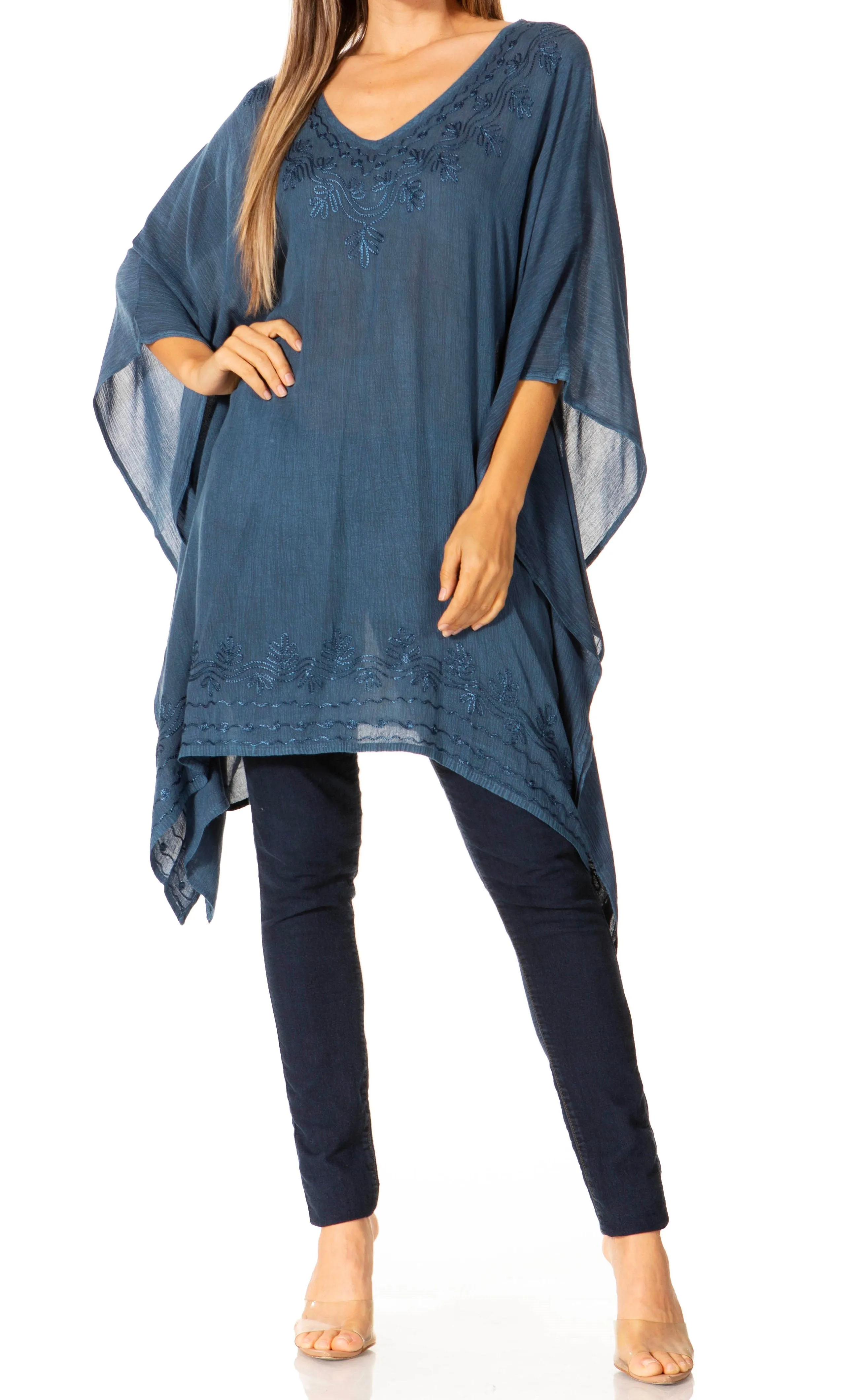 Sakkas Regina Women's Lightweight Stonewashed Poncho Top Blouse Caftan Cover up