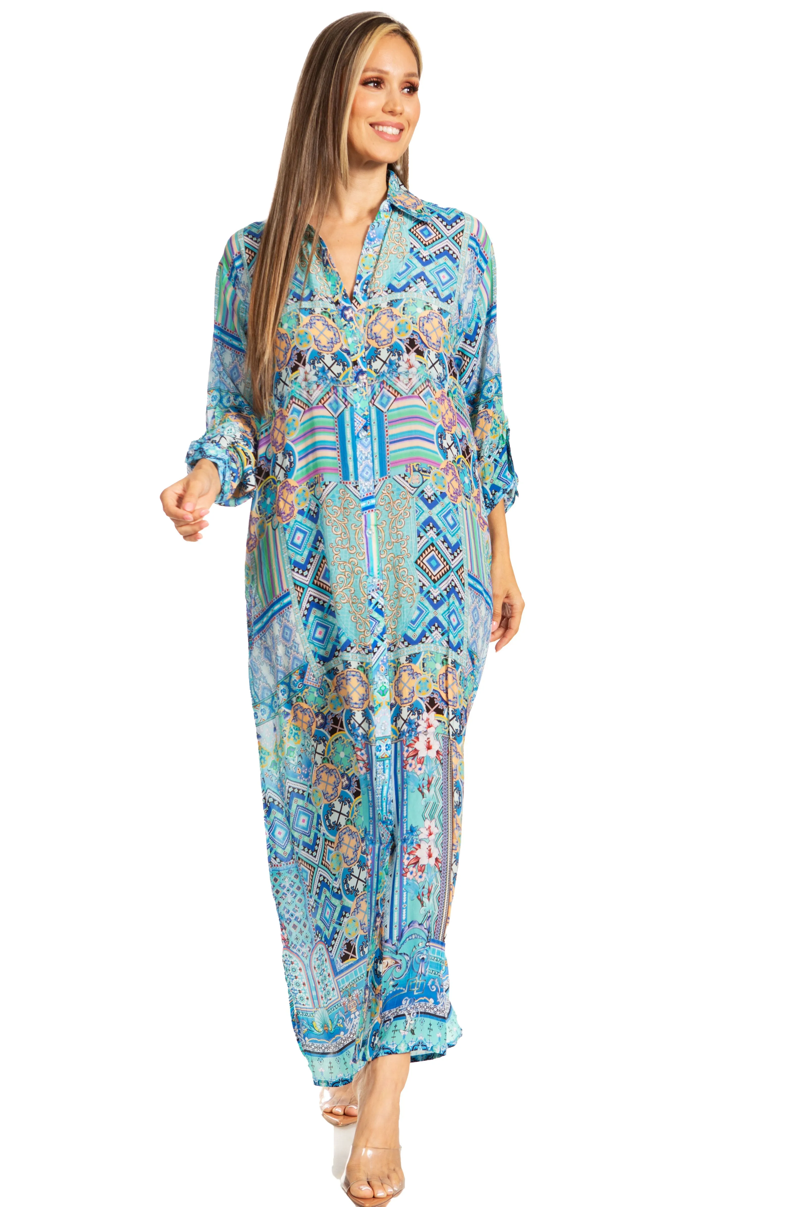 Sakkas Womens Long Sleeves Button Down Spring/Summer Maxi Shirt dress/Beachwear