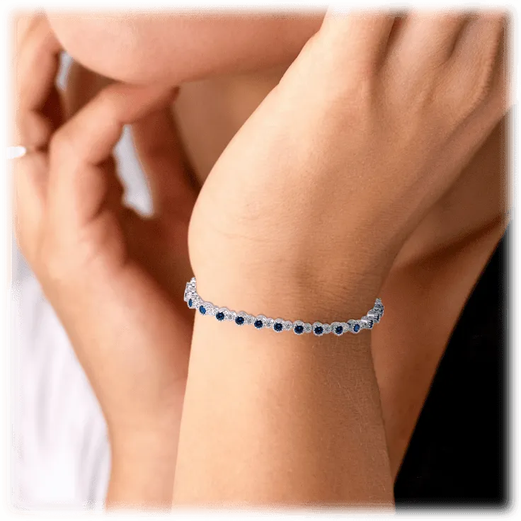 Sapphire and White Diamond Tennis Bracelet for Women with Round Cut Cubic Zirconia