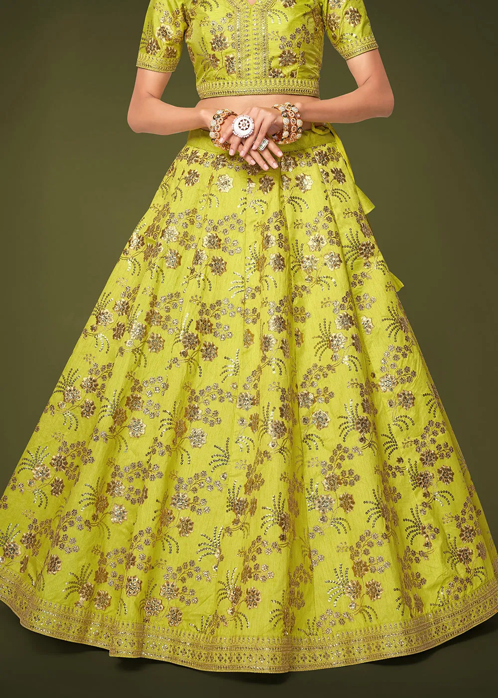 Sequins & Zari Embroidered Green Silk Designer Lehenga Choli