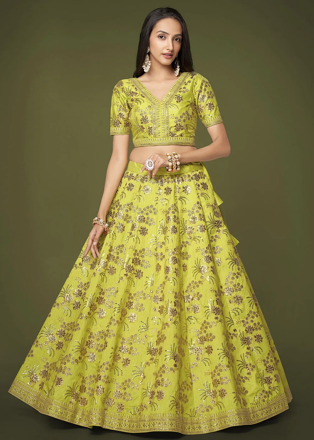 Sequins & Zari Embroidered Green Silk Designer Lehenga Choli