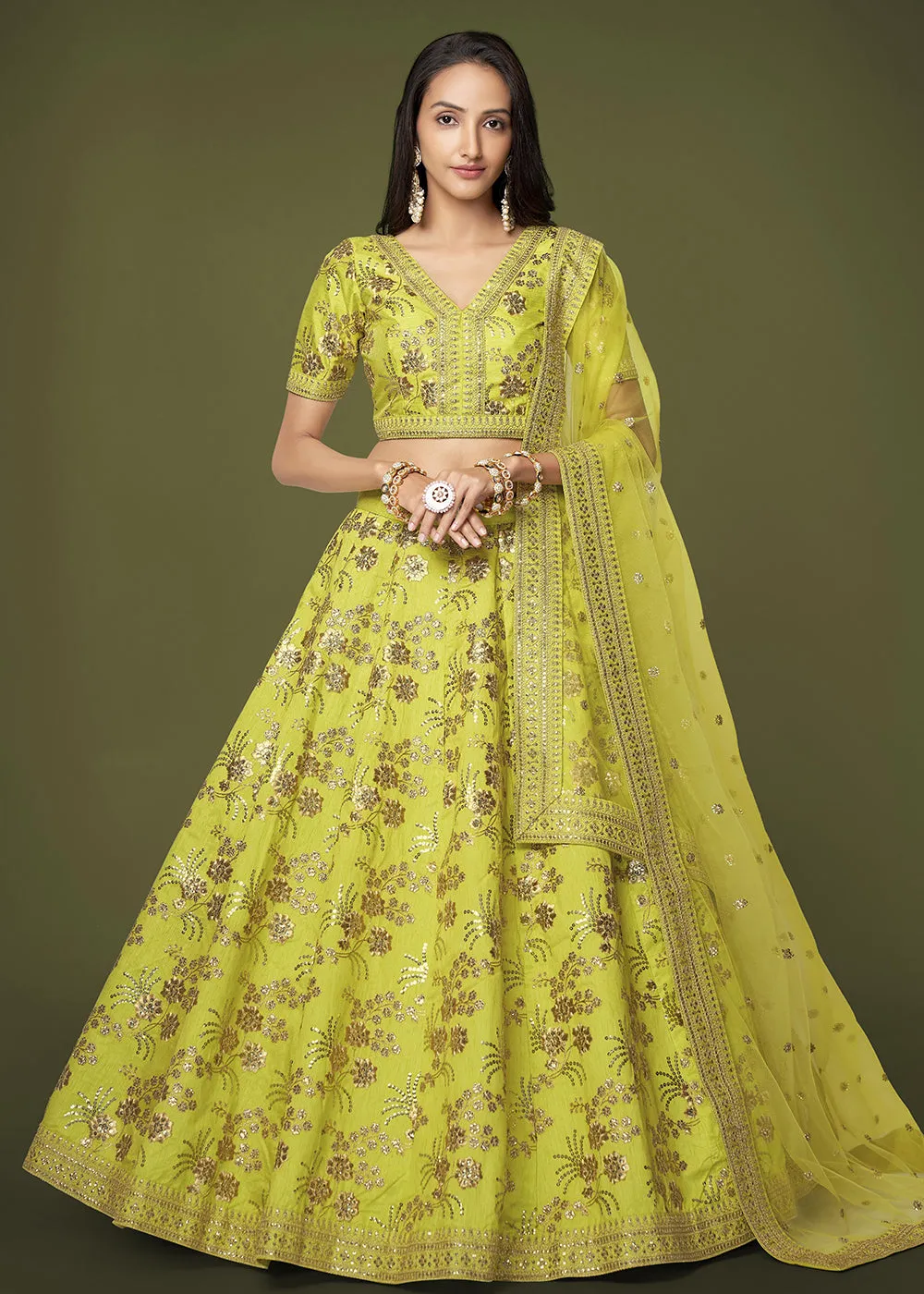 Sequins & Zari Embroidered Green Silk Designer Lehenga Choli