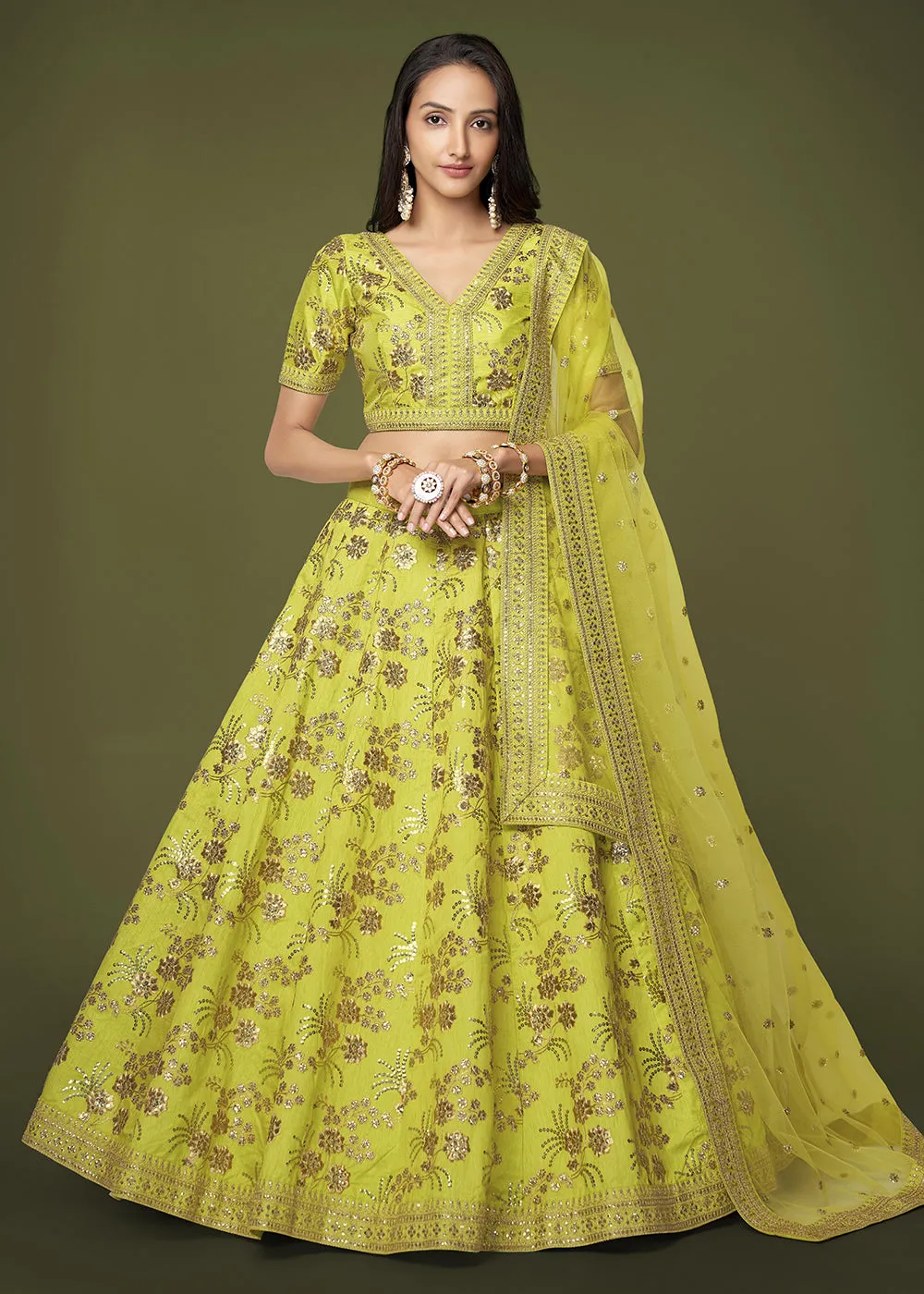 Sequins & Zari Embroidered Green Silk Designer Lehenga Choli