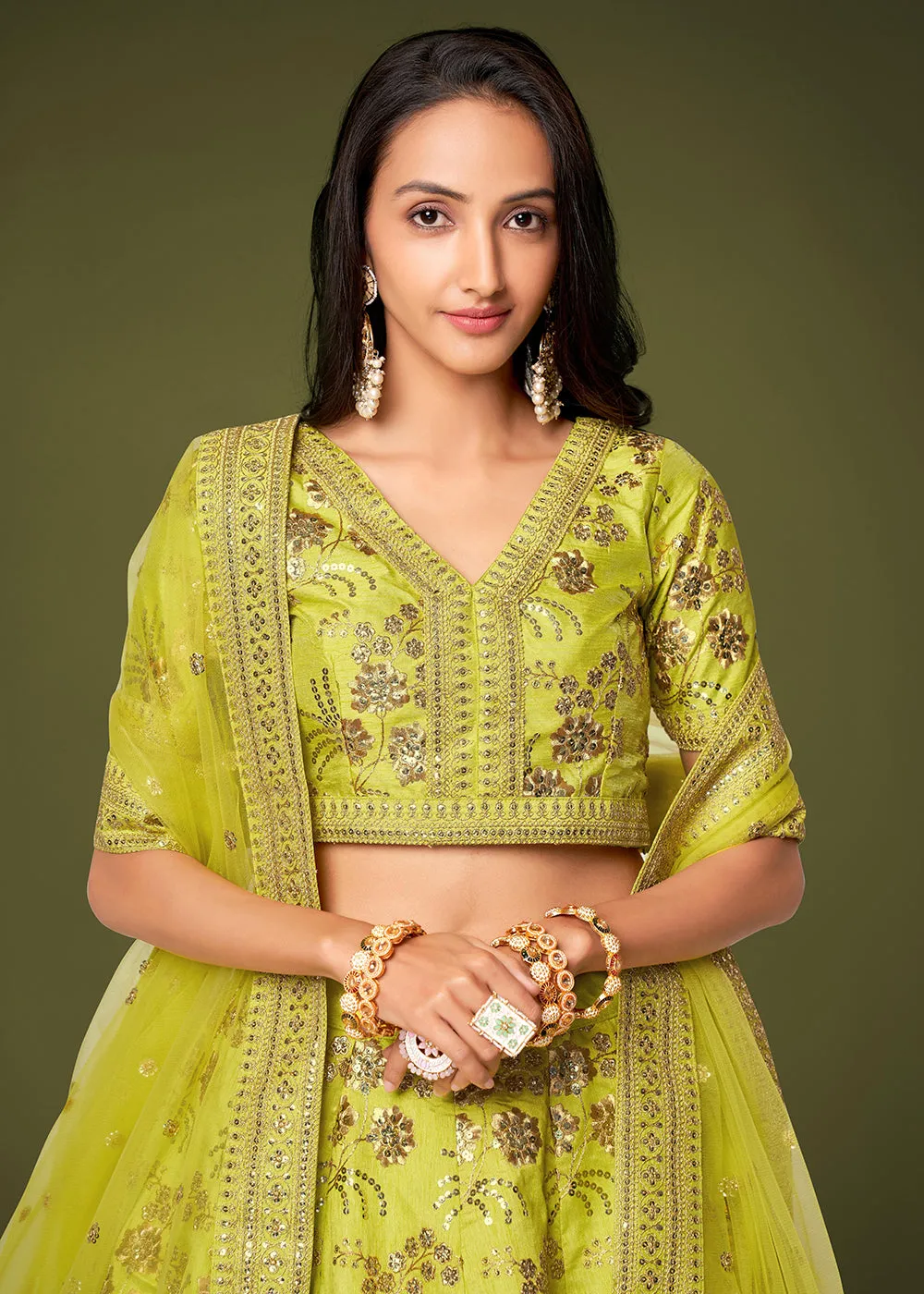 Sequins & Zari Embroidered Green Silk Designer Lehenga Choli