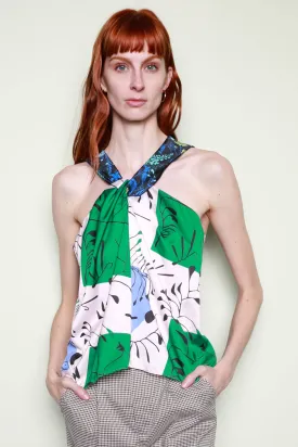 Silk Printed Green Draped Top