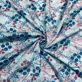 Sky blue & Multicolor Floral Print Chinon Fabric