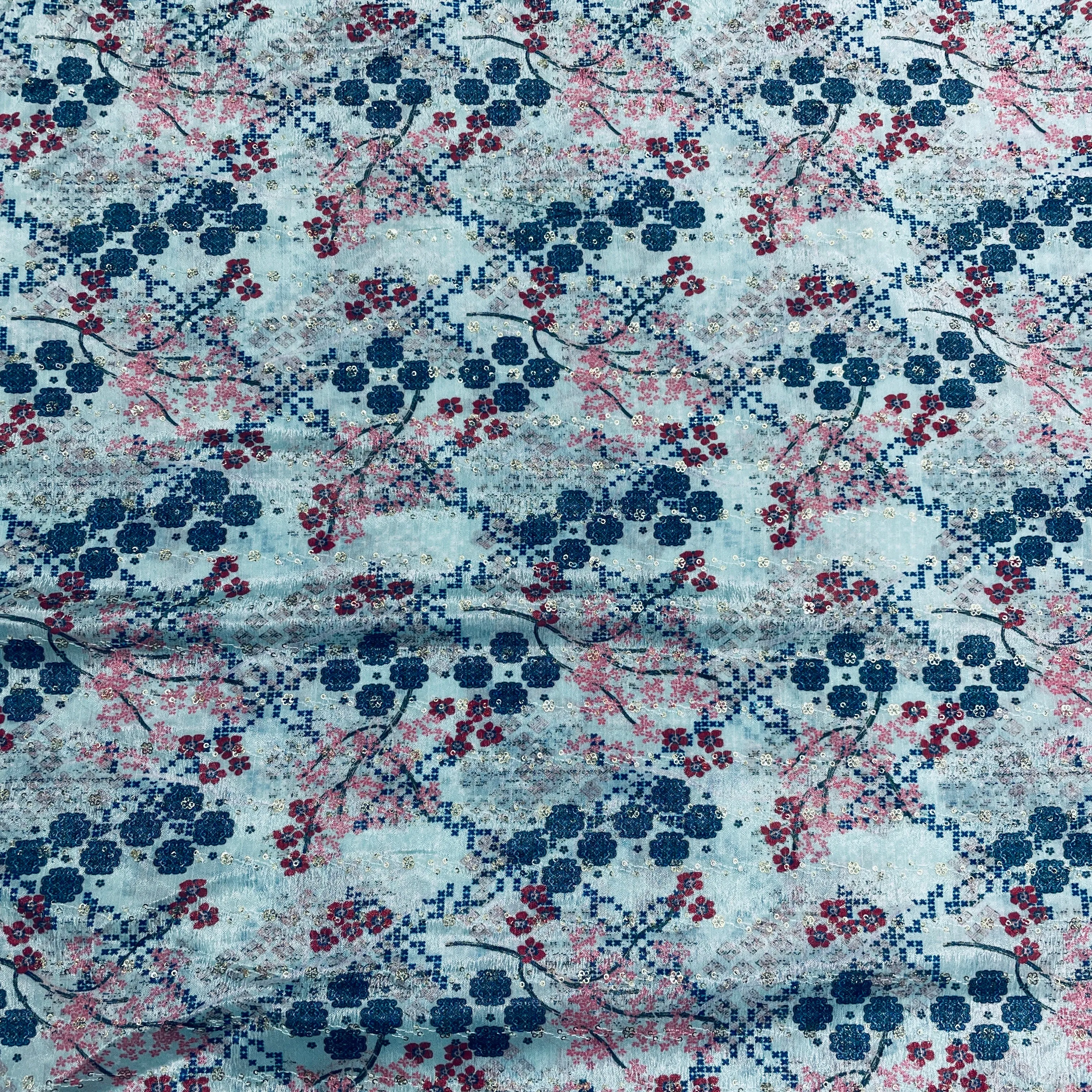 Sky blue & Multicolor Floral Print Chinon Fabric