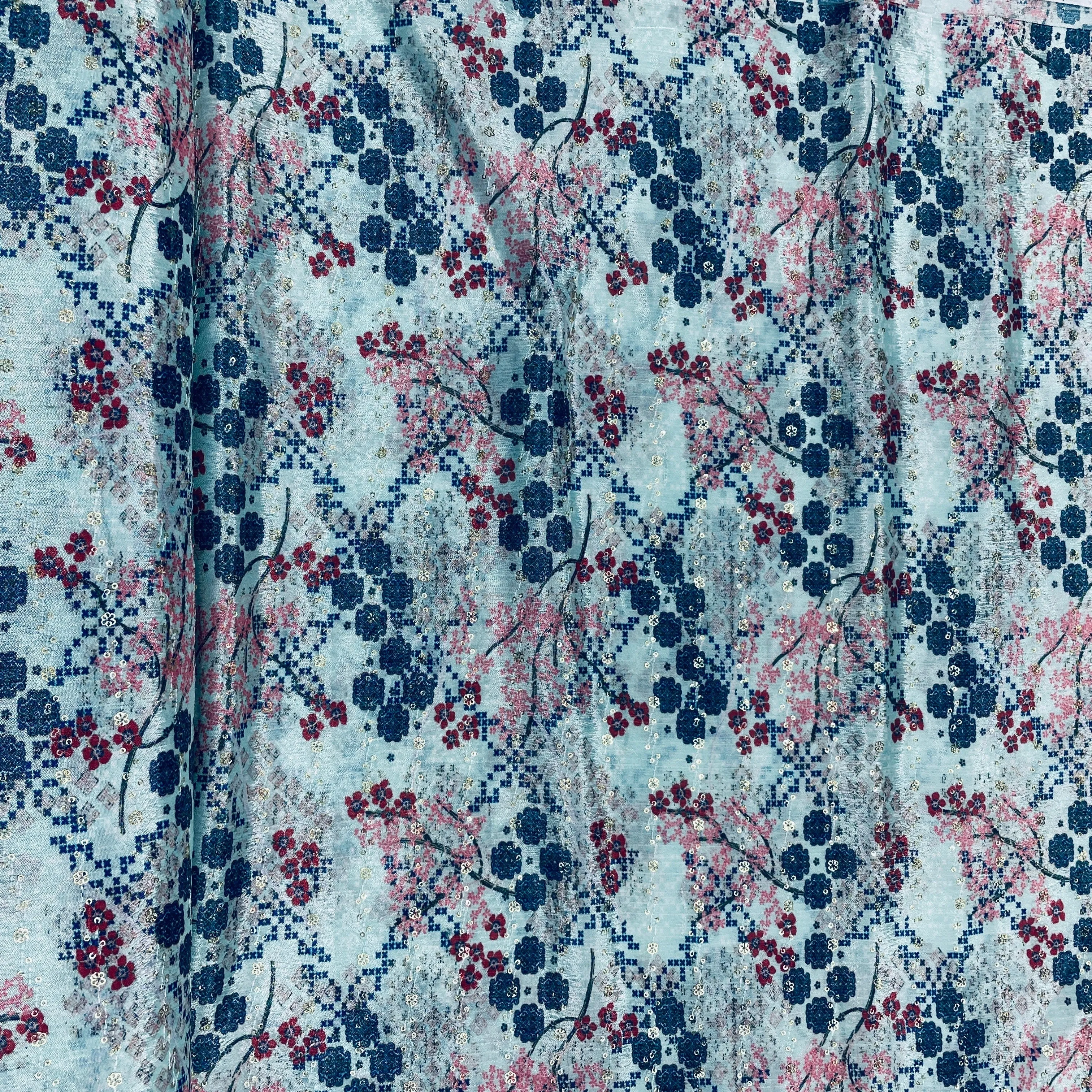 Sky blue & Multicolor Floral Print Chinon Fabric