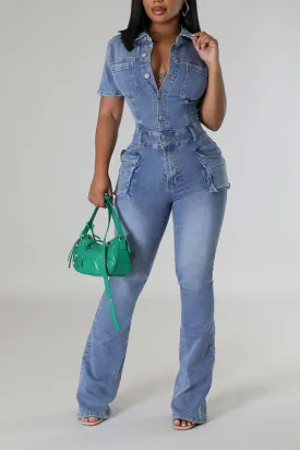 Stylish Denim Flap Pocket Jumpsuit