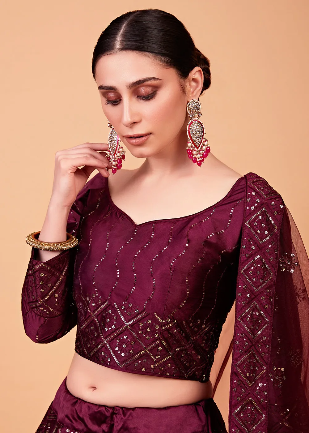 Superb Wine Multi Thread & Sequins Bridesmaid Lehenga