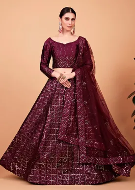 Superb Wine Multi Thread & Sequins Bridesmaid Lehenga