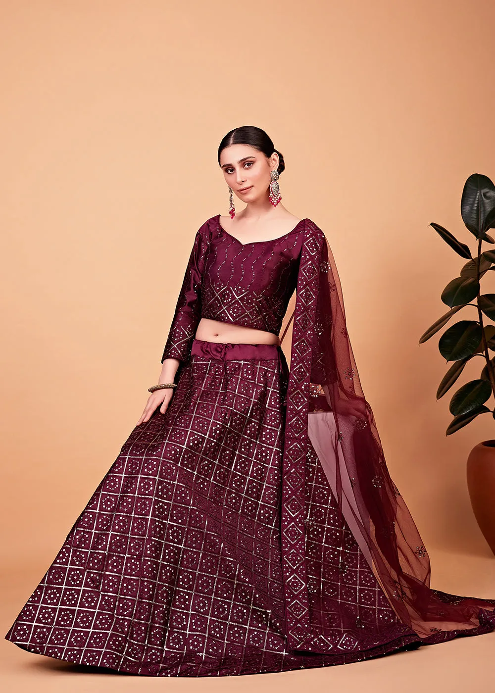 Superb Wine Multi Thread & Sequins Bridesmaid Lehenga