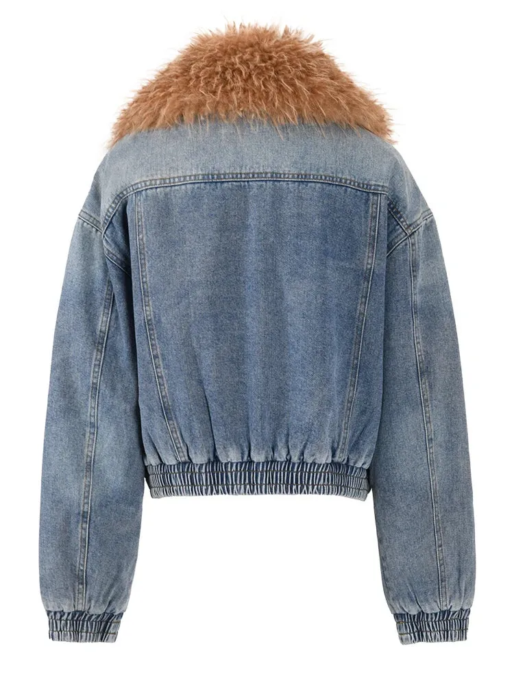 TEEK - Blue Denim Cotton Padded Fluff Lapel Jacket