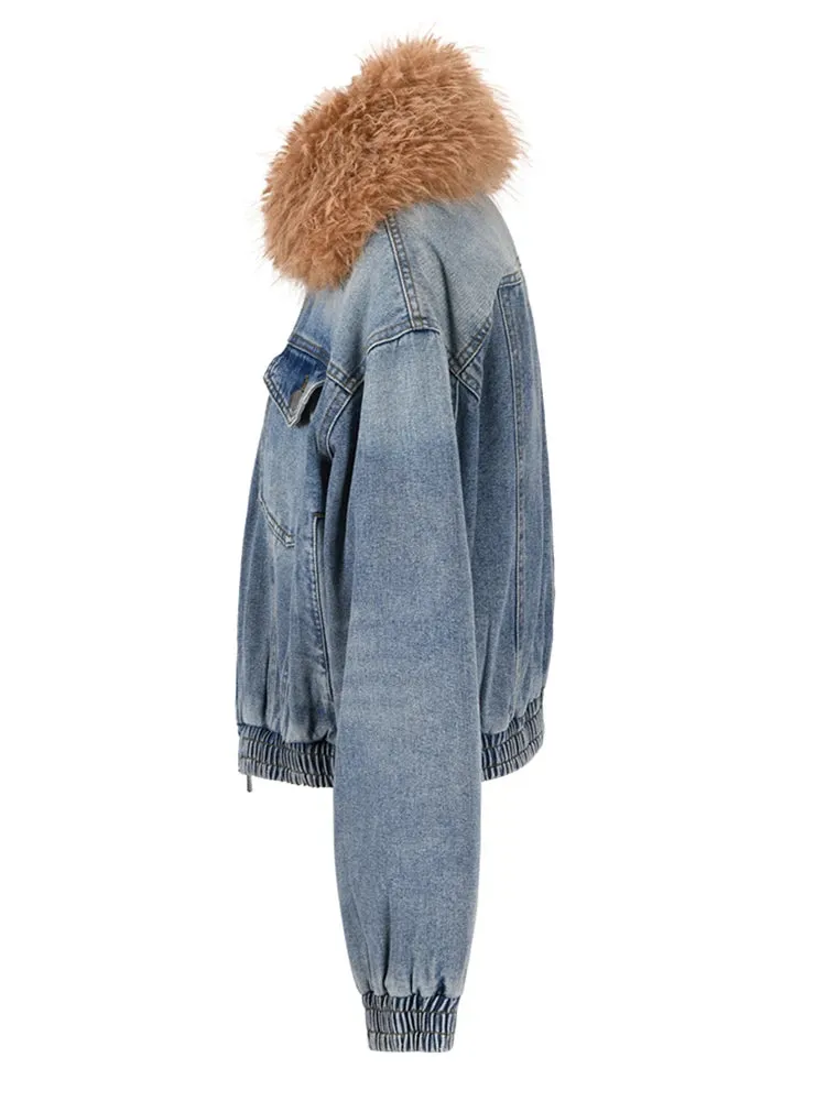 TEEK - Blue Denim Cotton Padded Fluff Lapel Jacket