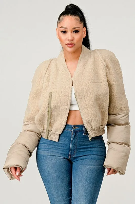 TEEK - Cream Plush Puff Sleeve Bomber Jacket