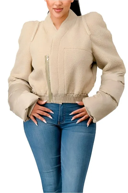 TEEK - Cream Plush Puff Sleeve Bomber Jacket