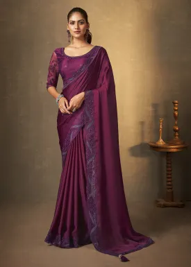 Wine Satin Silk Swarovski Embroidered Designer Saree