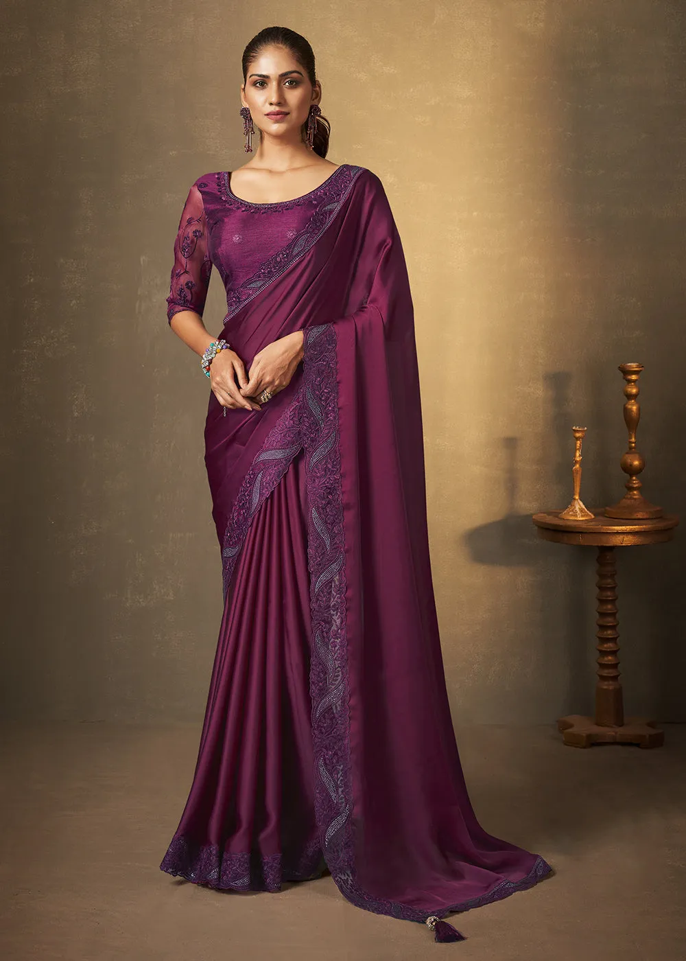 Wine Satin Silk Swarovski Embroidered Designer Saree