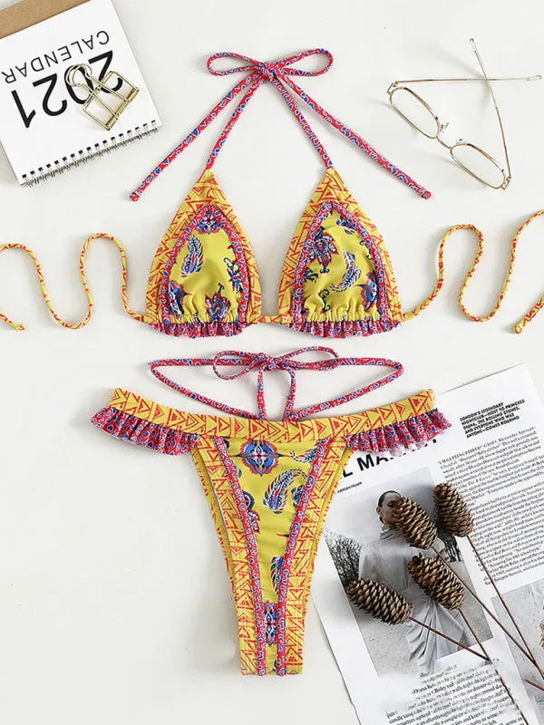 Women's ethnic print halter neck tie bikini