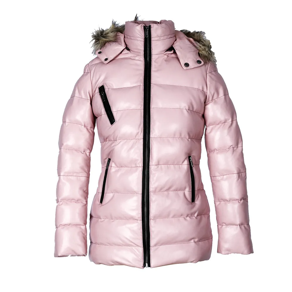 Womens Selina Puffer Leather Jacket with Fur Hoodie (Pink)